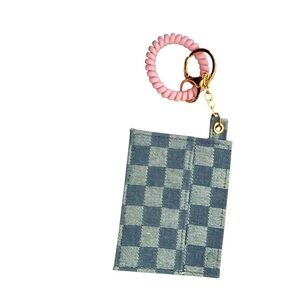 Bag charm Jean Checkered Card Holder Keychain with Pink Coil Wristlet